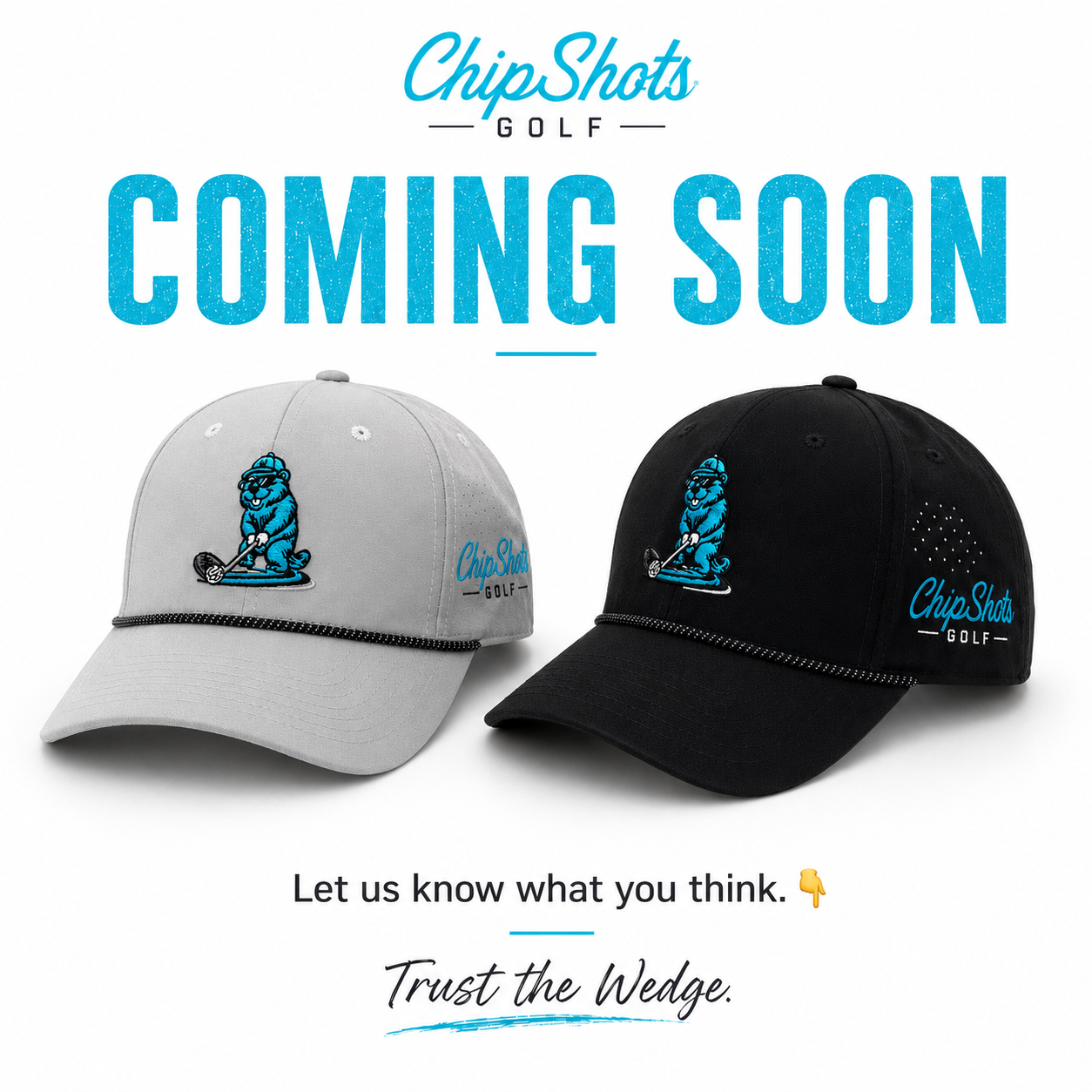 Black and gray ChipShots Golf hats on a golf course